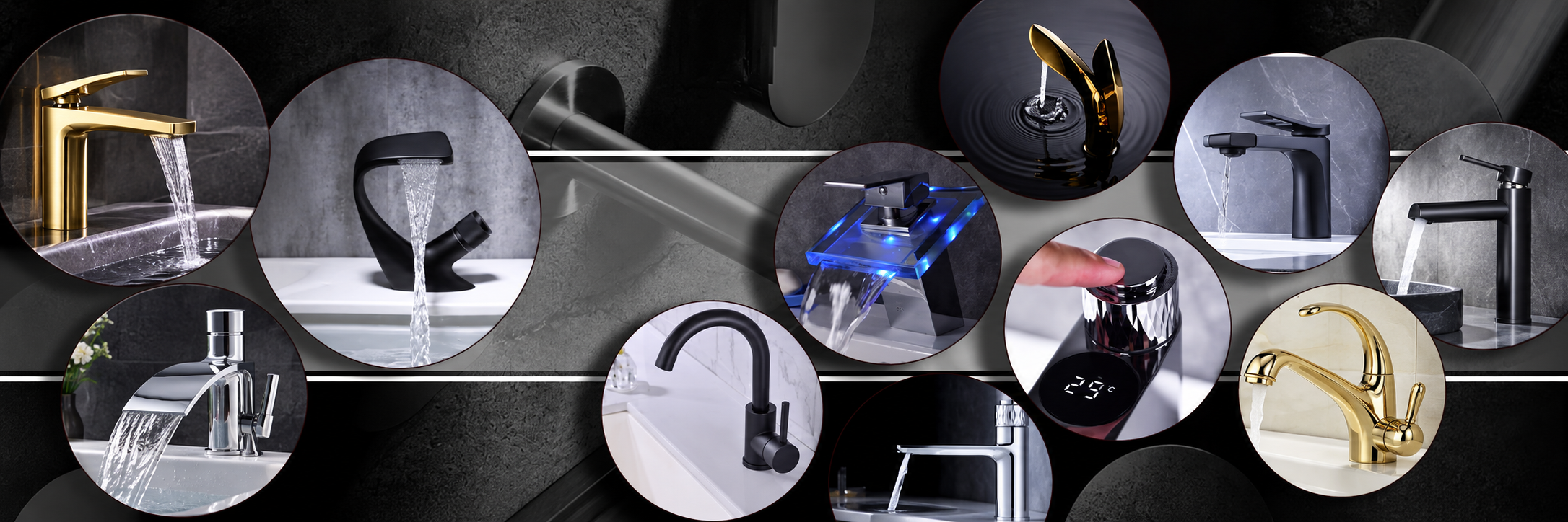 Circular close-ups of modern black, chrome, gold and illuminated waterfall bathroom faucets on a dark textured background