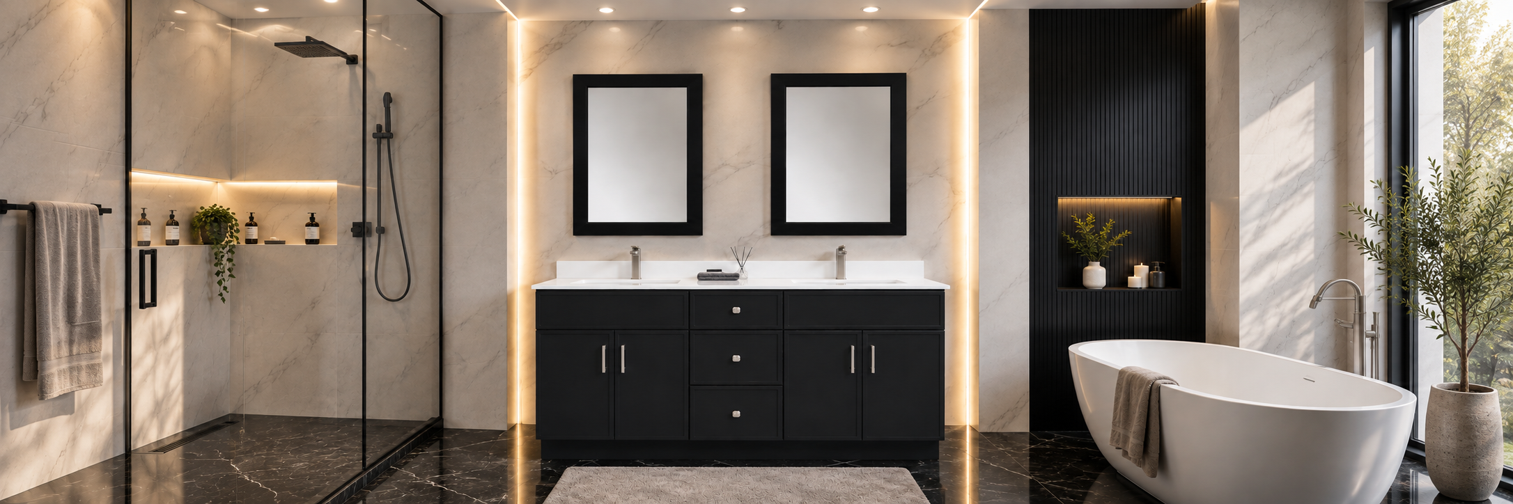 Black double vanity with silver fittings and two mirrors in a luxury marble bathroom