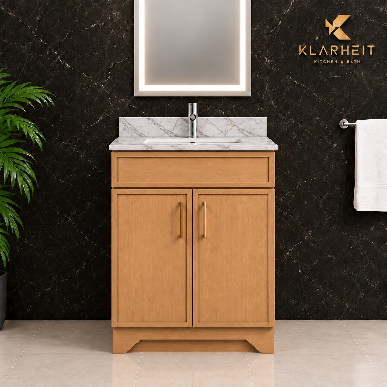 24" Dark Natural Wood Slim Shaker Solid Wood Vanity with Quartz Top & Sink