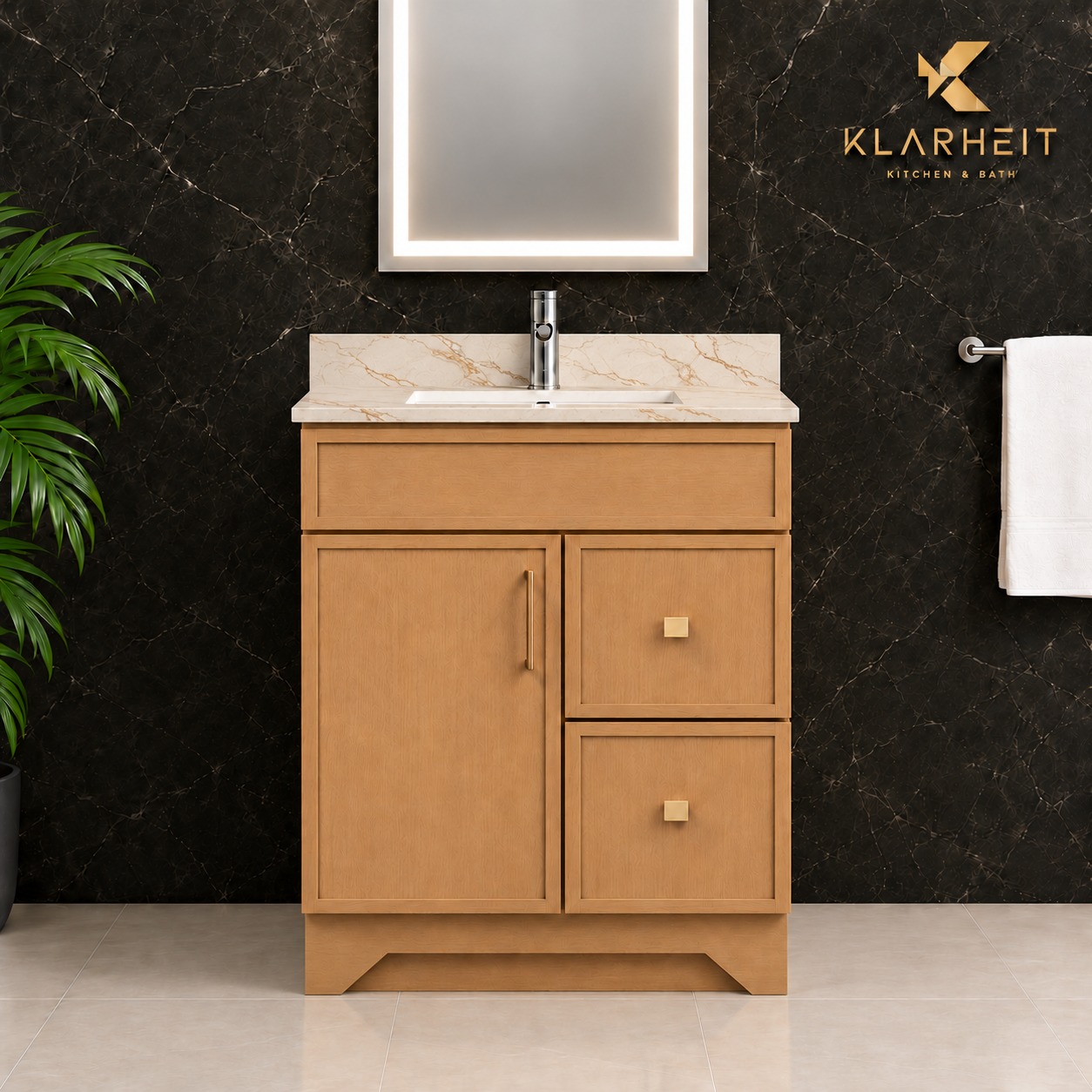 30" Dark Natural Wood Slim Shaker Solid Wood Vanity with Quartz Top & Sink