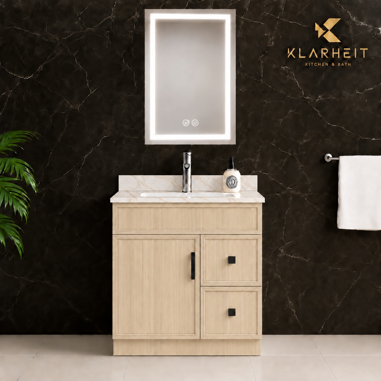 30" Light Natural Wood Slim Shaker Solid Wood Vanity with Quartz Top & Sink