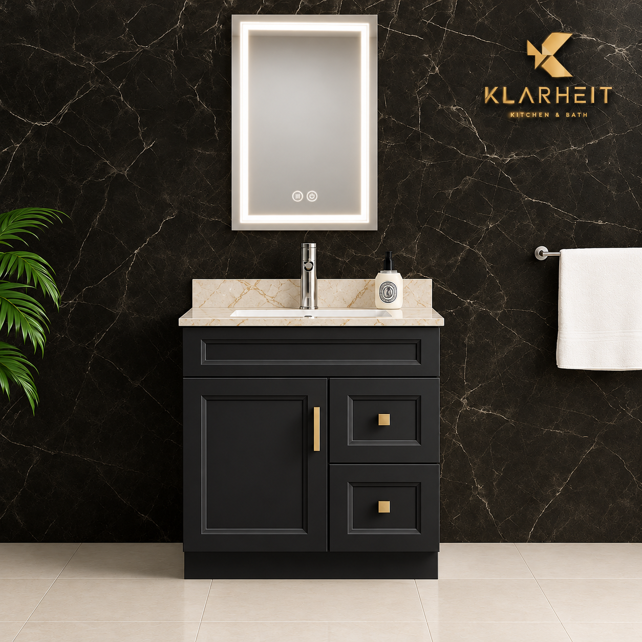 30" Black Solid Wood Vanity with Quartz Top & Sink