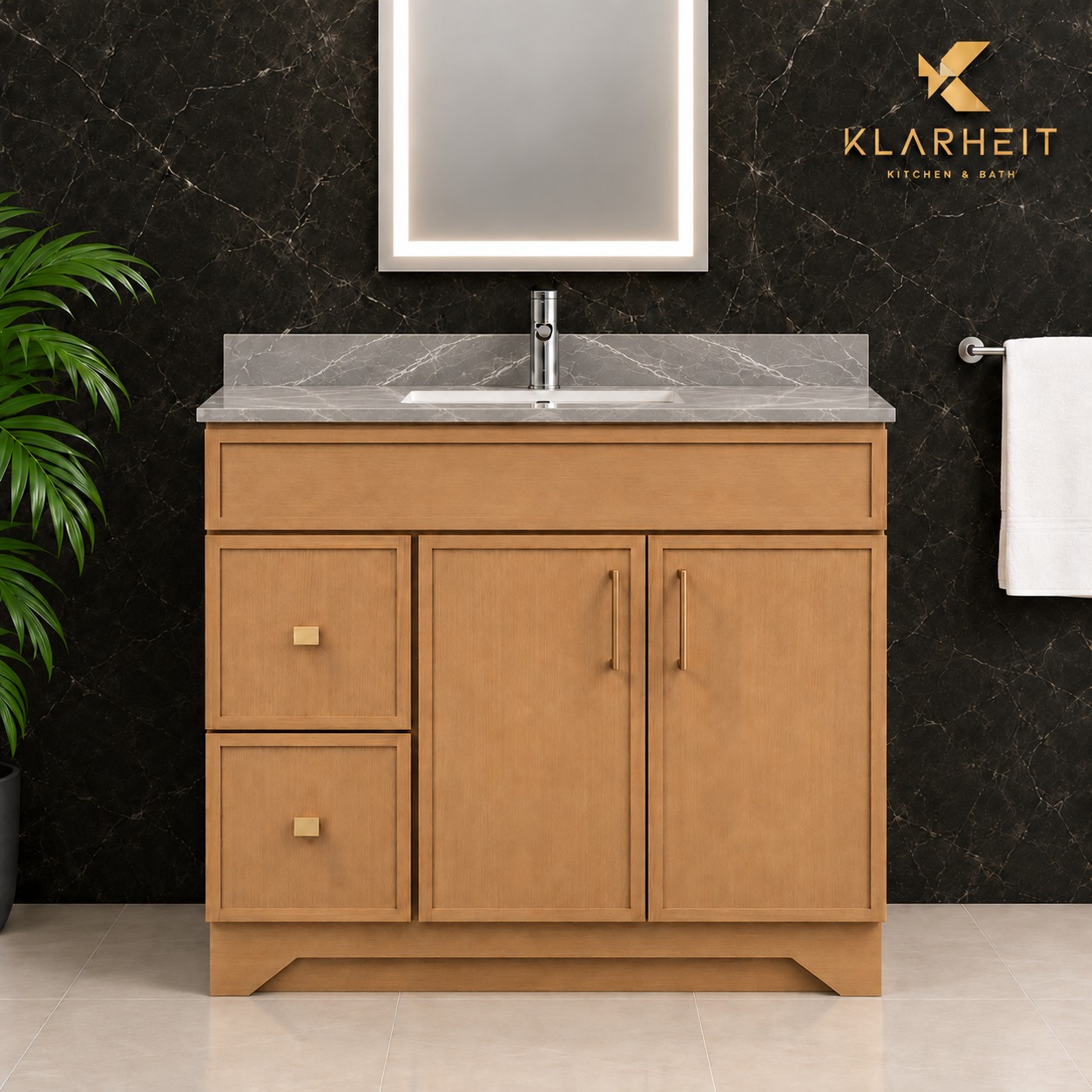 36" / 42" Dark Natural Wood Slim Shaker Solid Wood Vanity with Quartz Top & Sink