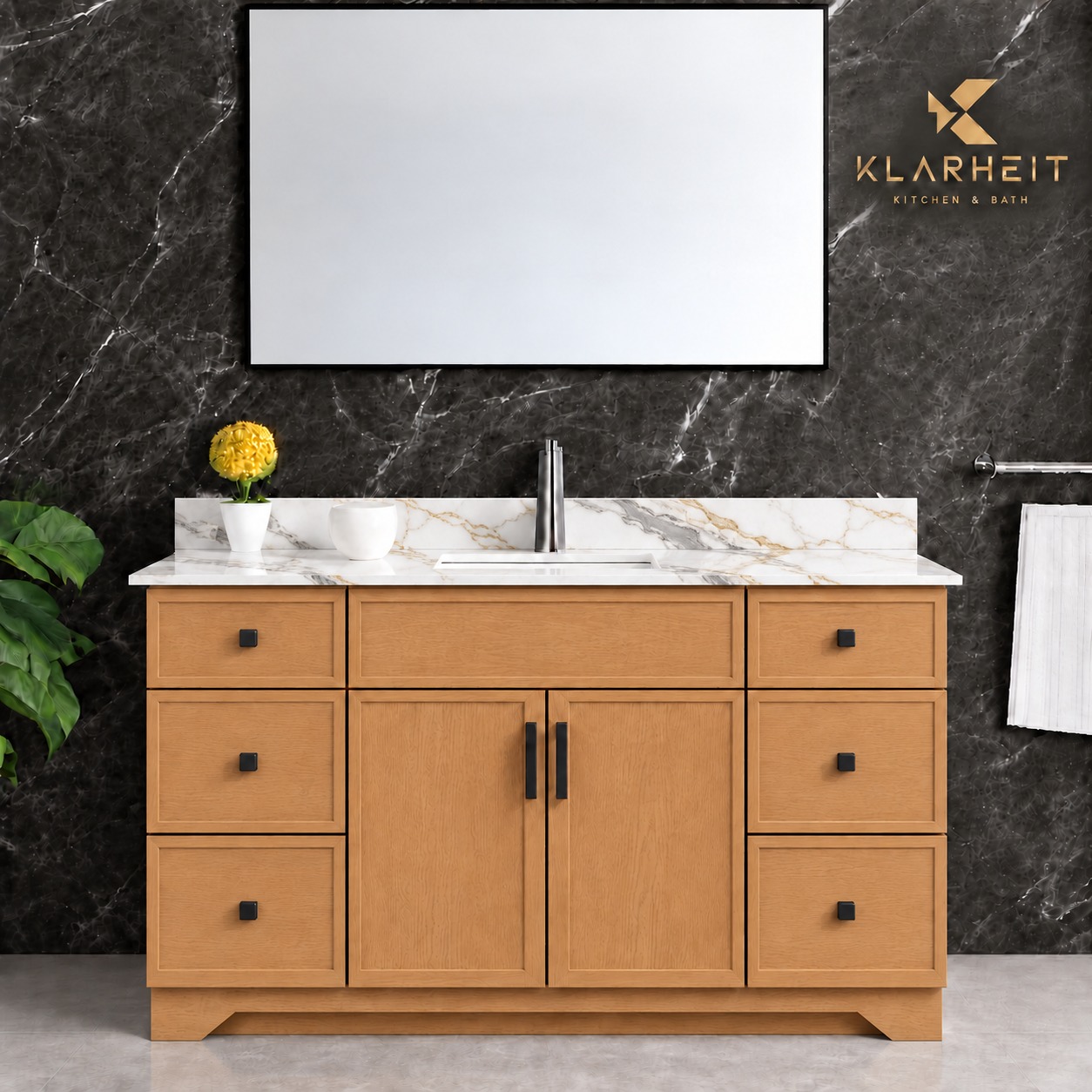48" / 54" Dark Natural Wood Slim Shaker Solid Wood Vanity with Quartz Top & Sink