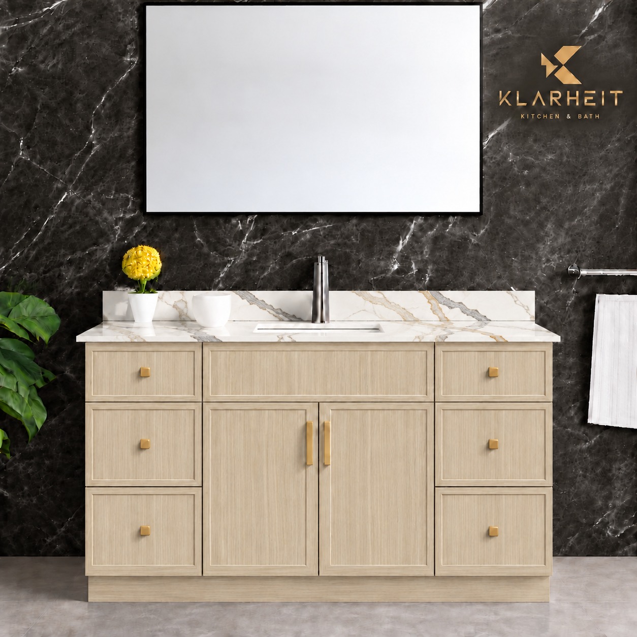 48" / 54" Light Natural Wood Slim Shaker Solid Wood Vanity with Quartz Top & Sink