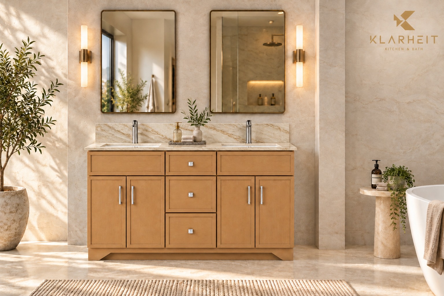 60" / 72" Dark Natural Wood Slim Shaker Solid Wood Vanity with Quartz Top & Sink