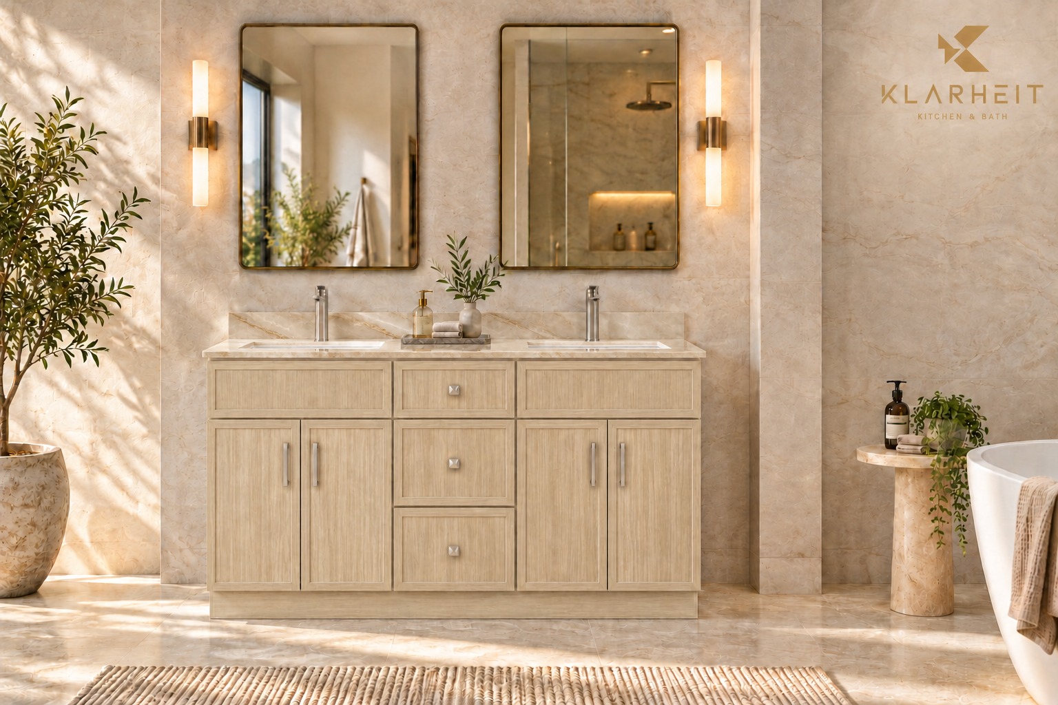 60" / 72" Light Natural Wood Slim Shaker Solid Wood Vanity with Quartz Top & Sink