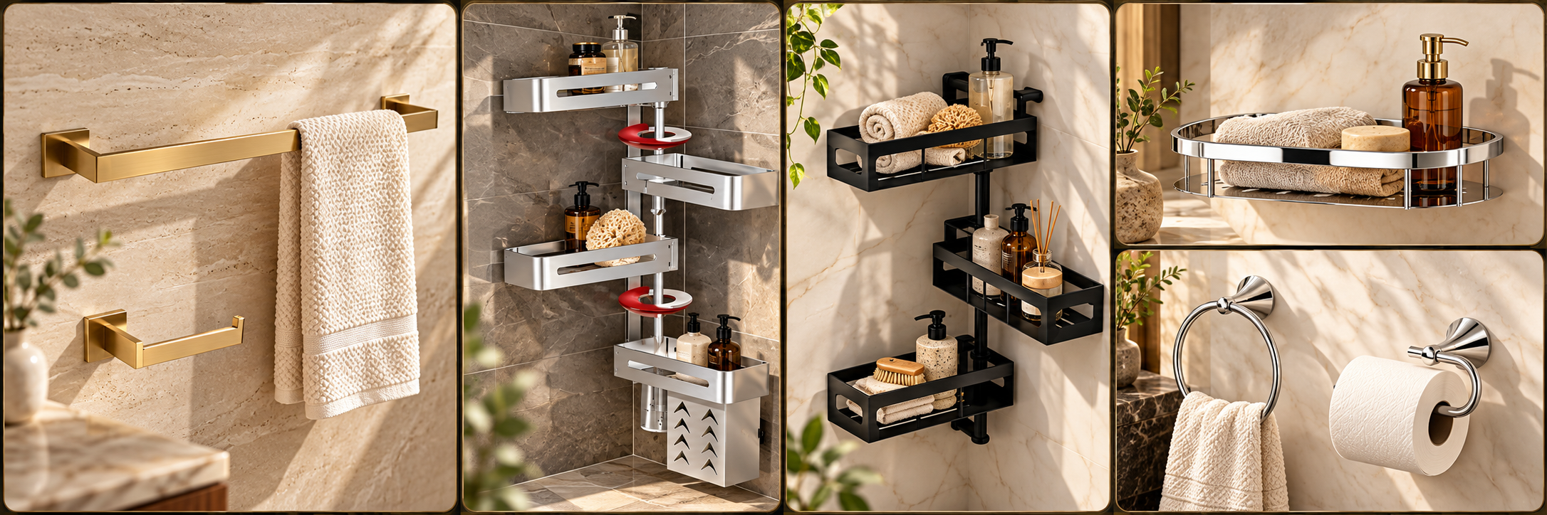 Bathroom accessories collage with gold towel bars, chrome and matte-black rotating shelves, a chrome wall shelf, towel ring and toilet-paper holder in warm stone bathroom settings