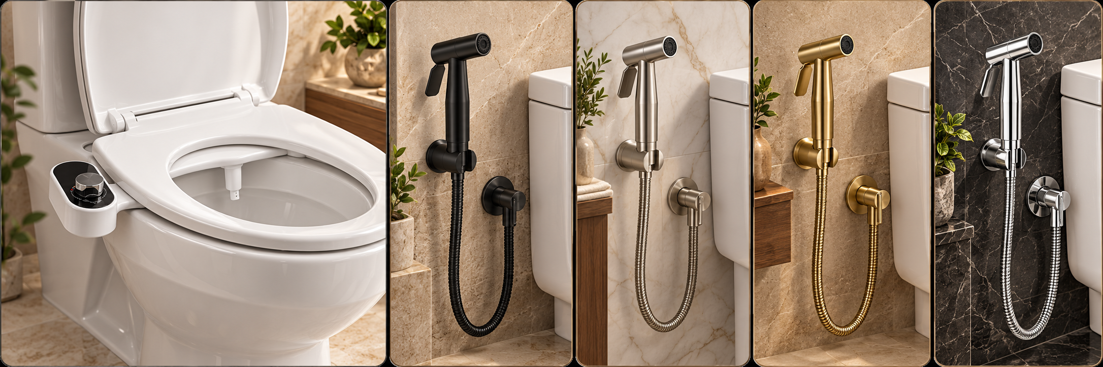 Bathroom bidet collage with a toilet-mounted bidet attachment and matte-black, brushed-nickel, brushed-gold and polished-chrome handheld sprayers in luxury stone bathrooms