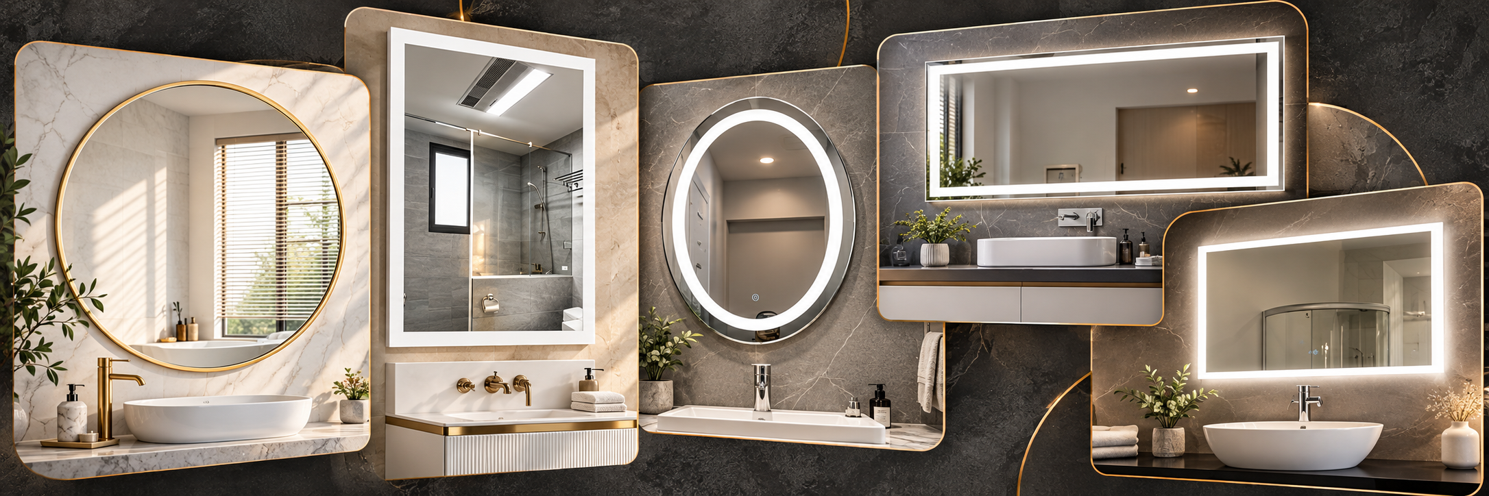 Collage of gold round and white framed non-LED bathroom mirrors alongside illuminated oval and rectangular LED mirrors