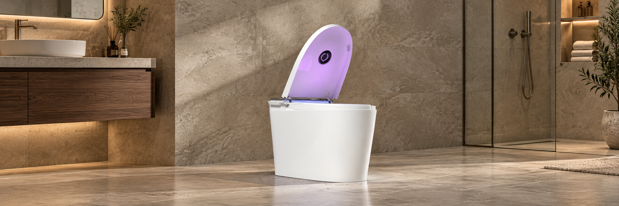 White smart toilet with an illuminated open lid, framed by warm stone, a walnut vanity and a glass shower in a luxury bathroom