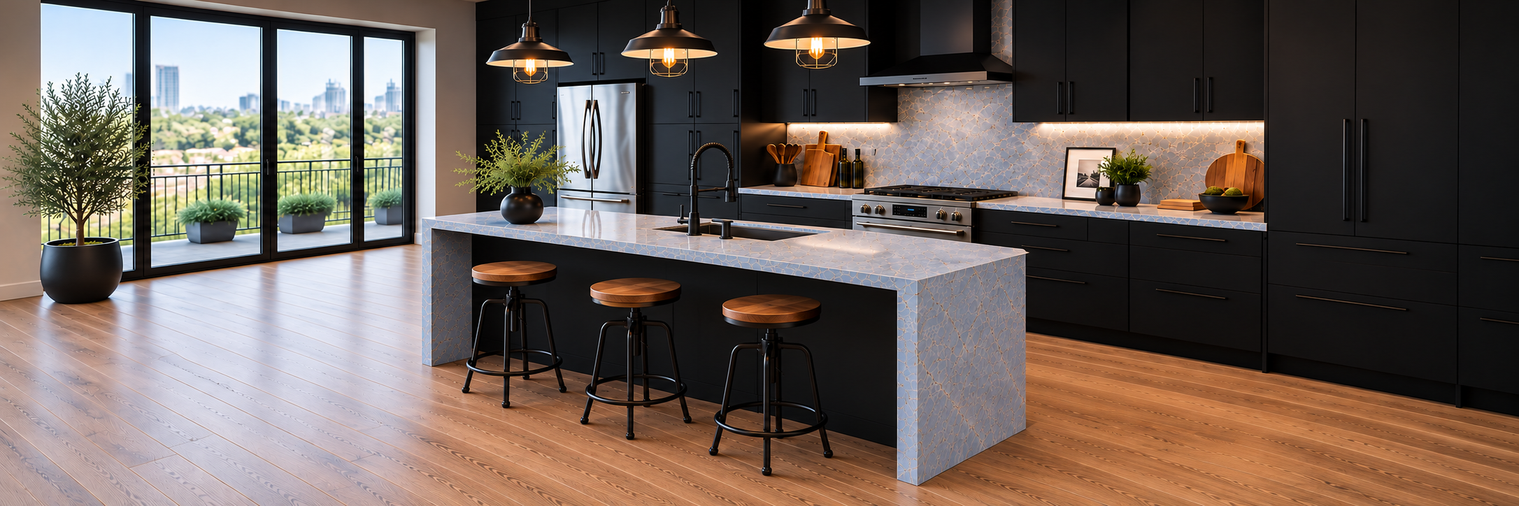 Slim grey and gold quartz island with a complete waterfall end and three walnut stools in a luxury black kitchen