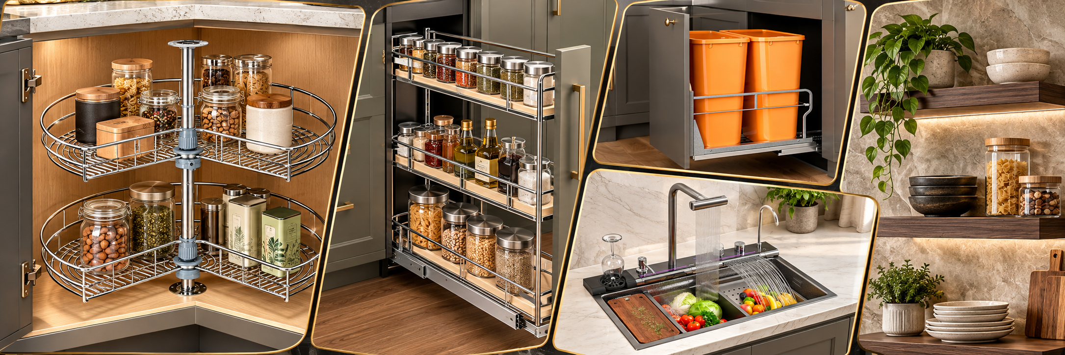 Kitchen accessories collage featuring a corner lazy Susan, pull-out spice rack, dual waste-bin organizer, workstation sink and wood floating shelves