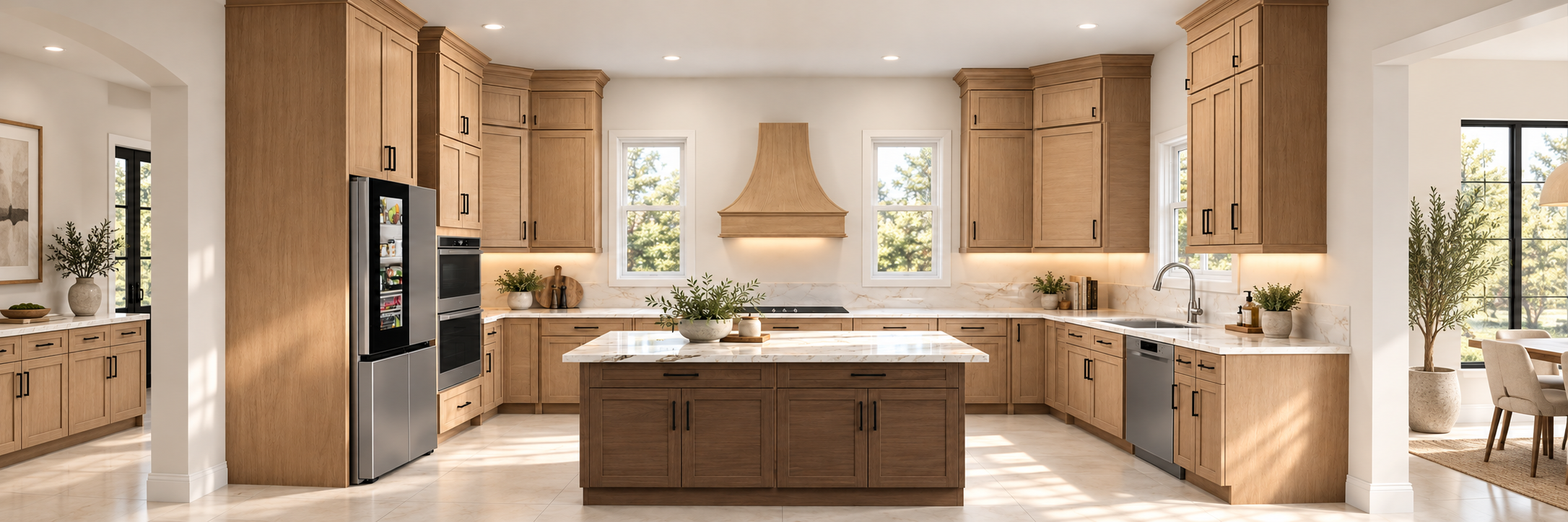 Natural oak shaker kitchen with a dark wood island, pale quartz countertops, black handles and warm under-cabinet lighting, extending into adjoining luxury kitchen and dining spaces