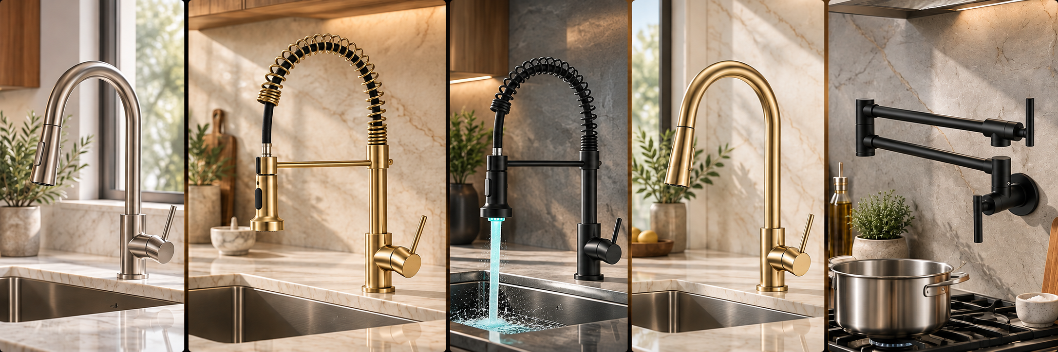 Kitchen faucet collage showing brushed-nickel and gold high-arc faucets, gold and matte-black spring-neck faucets, and a black wall-mounted pot filler in luxury kitchens