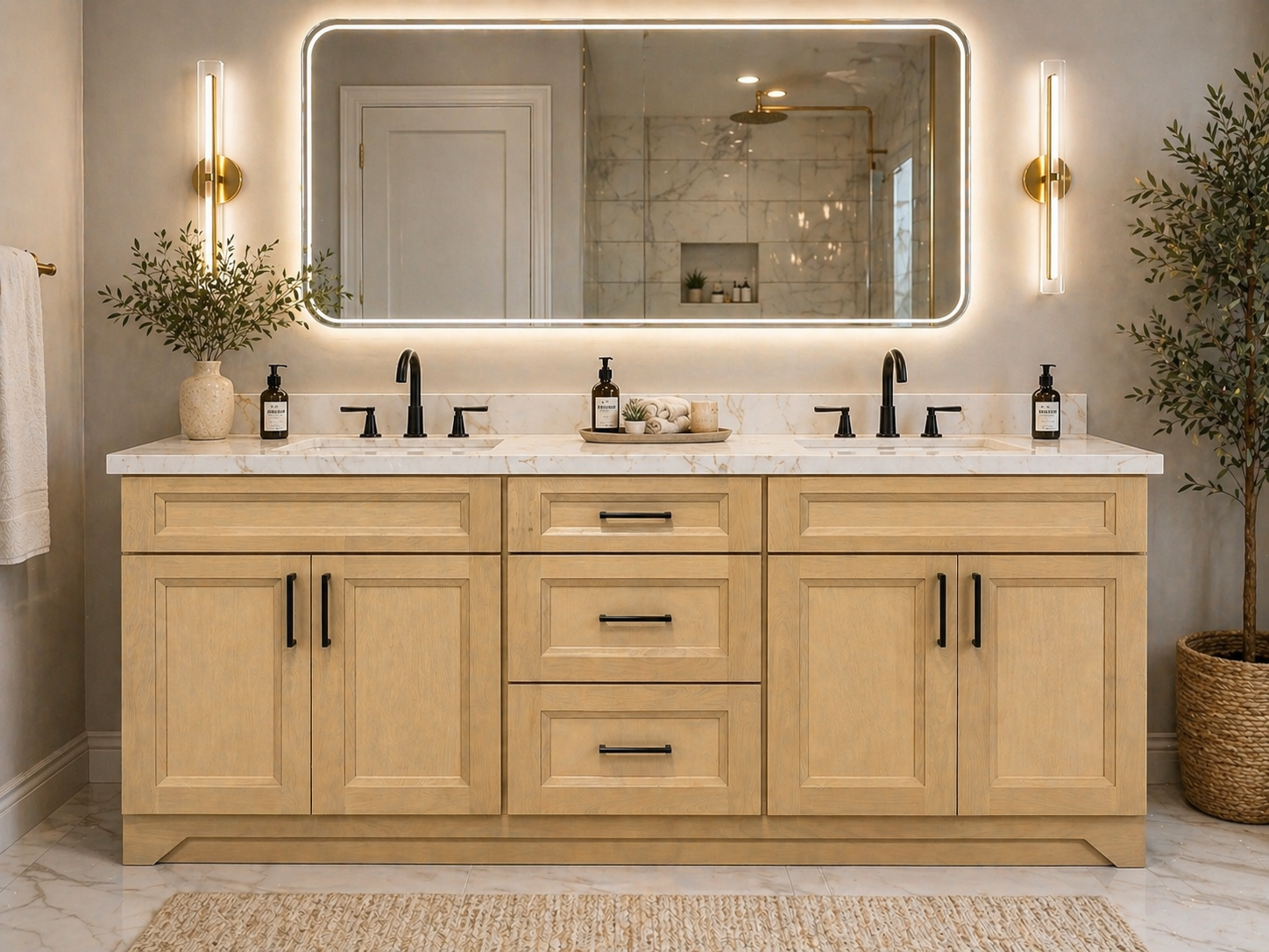 White oak double vanity with black faucets and an illuminated bathroom mirror