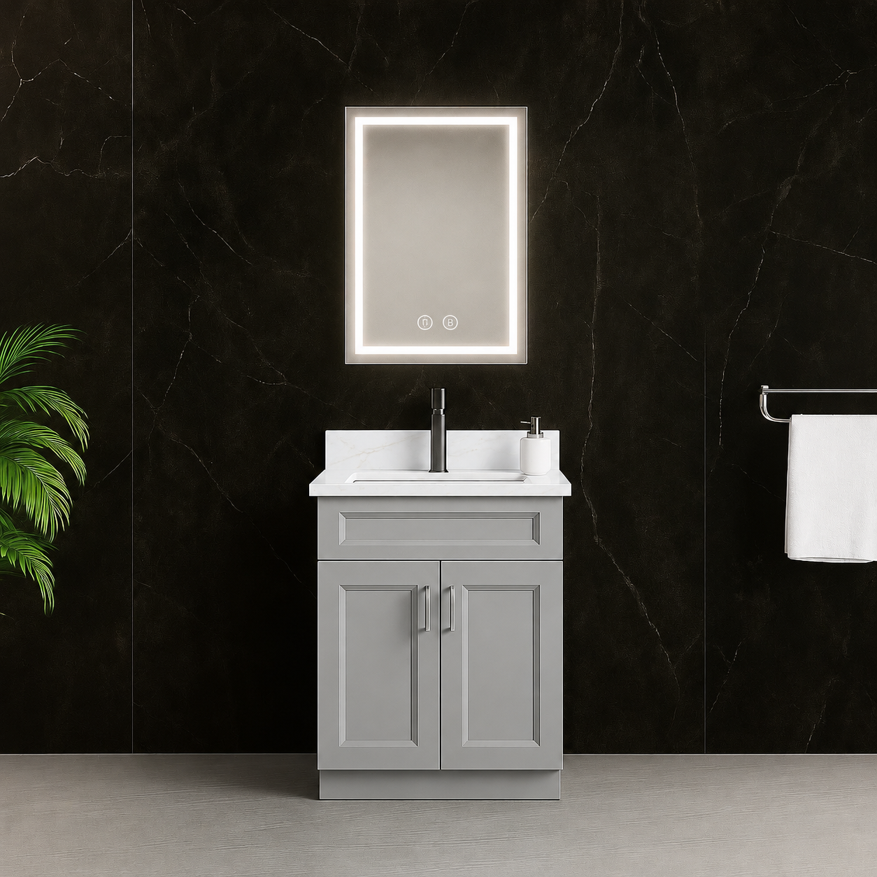 24″ Grey Solid Wood Vanity with Quartz Top & Sink