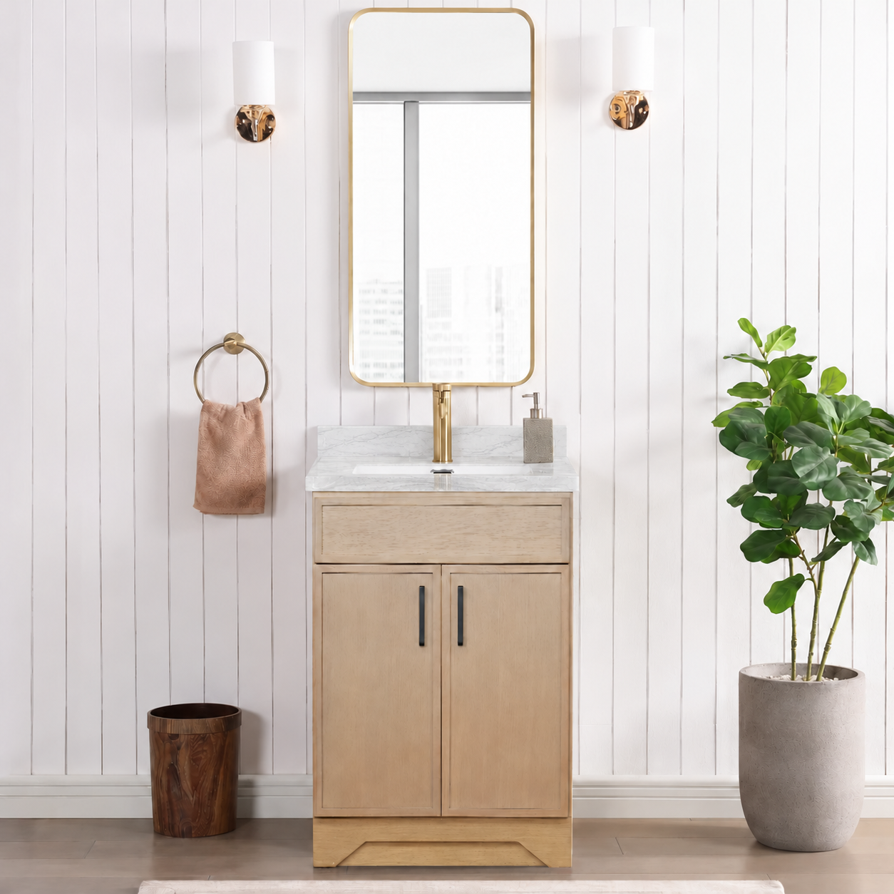 24″ Natural Wood Vanity with Quartz Top & Sink