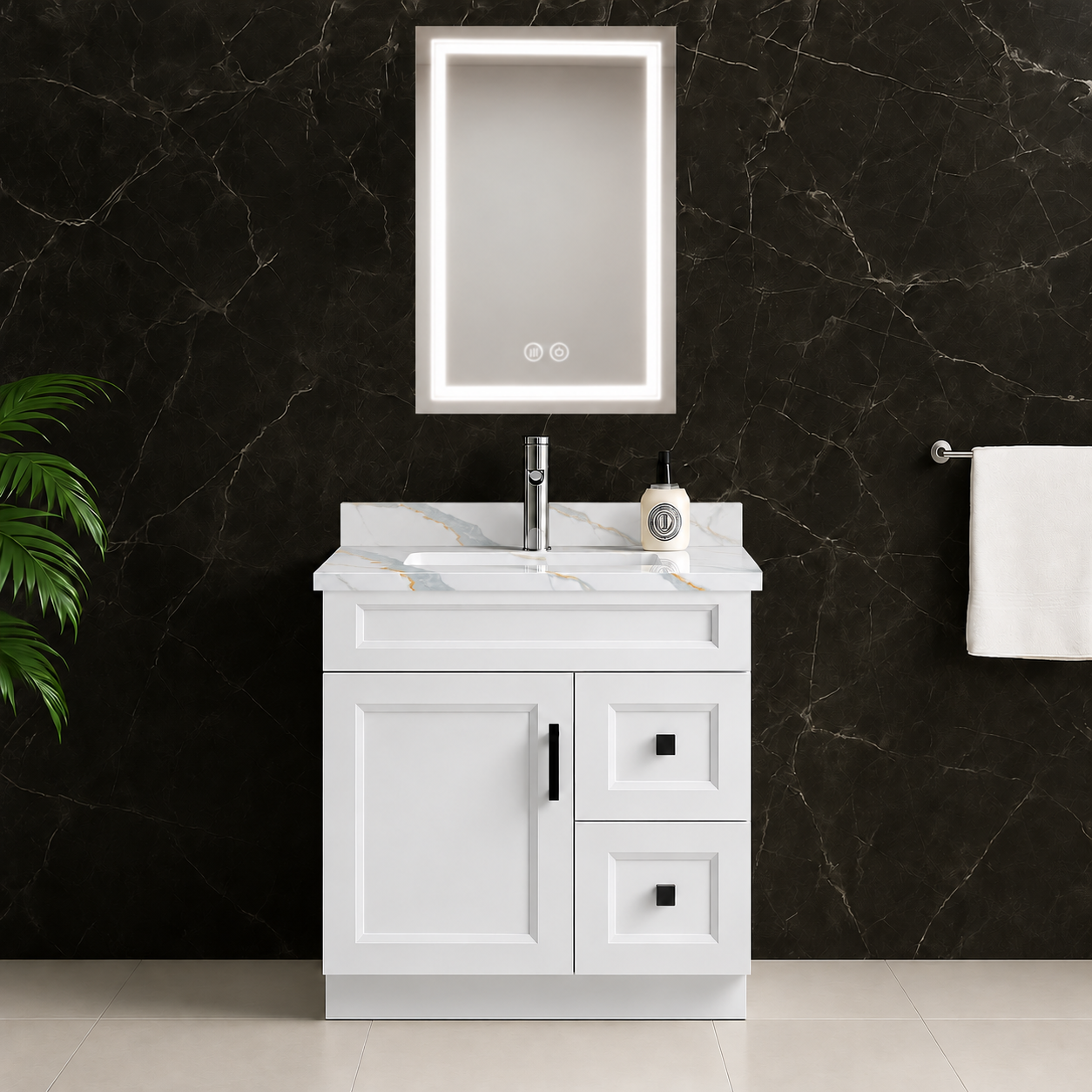 30″ White Solid Wood Vanity with Quartz Top & Sink