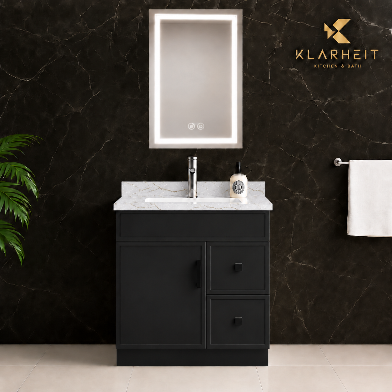 30" Black Slim Shaker Solid Wood Vanity with Quartz Top & Sink
