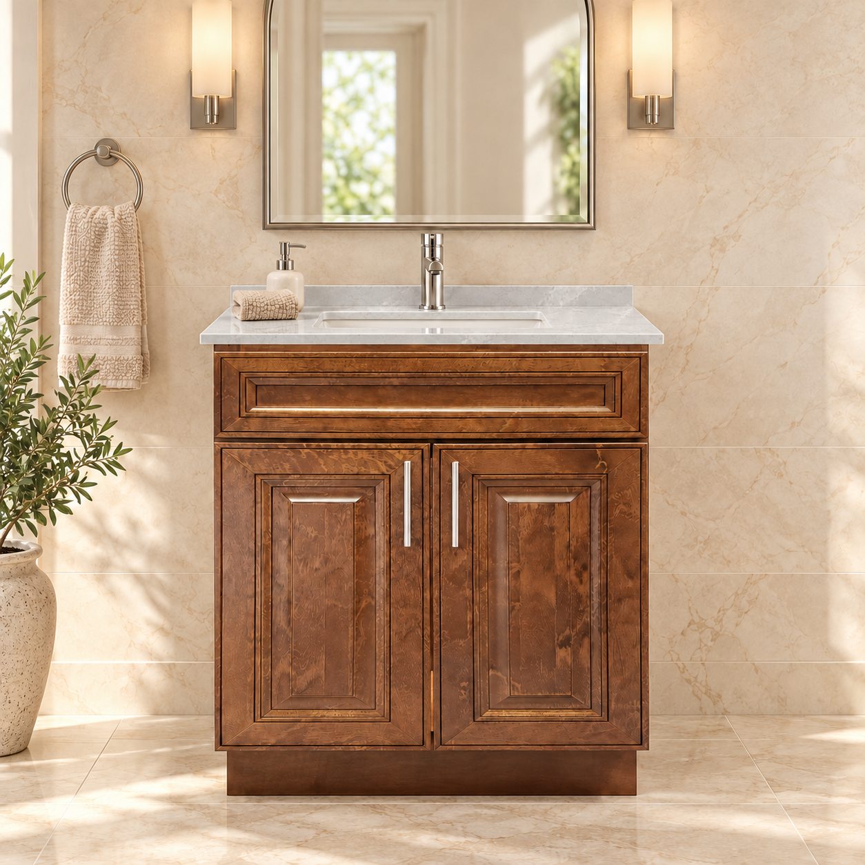 30″ Dark Walnut Solid Wood Bathroom Vanity with Quartz Top & Sink