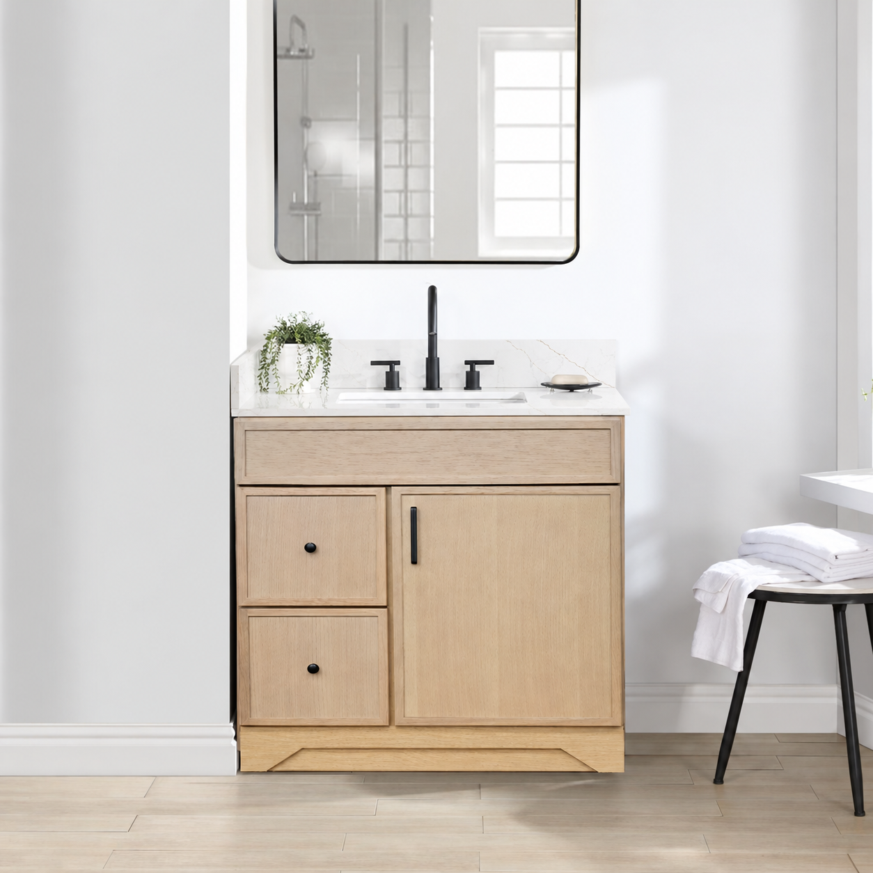 30″ Natural Wood Vanity with Quartz Top & Sink