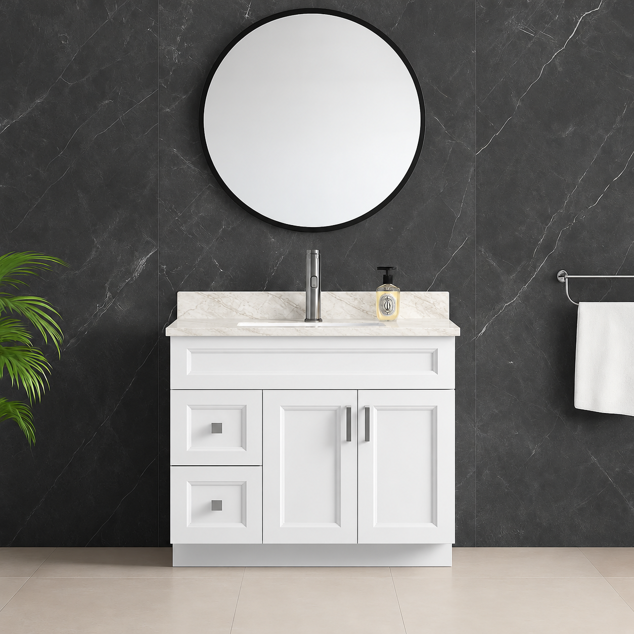 36″ / 42″ White Solid Wood Vanity with Quartz Top & Sink
