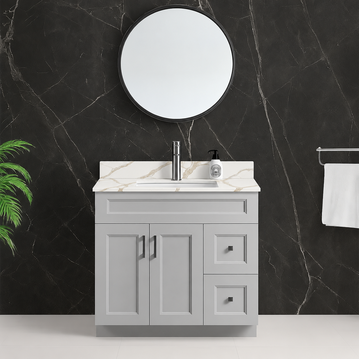 36″ / 42″ Grey Solid Wood Vanity with Quartz Top & Sink