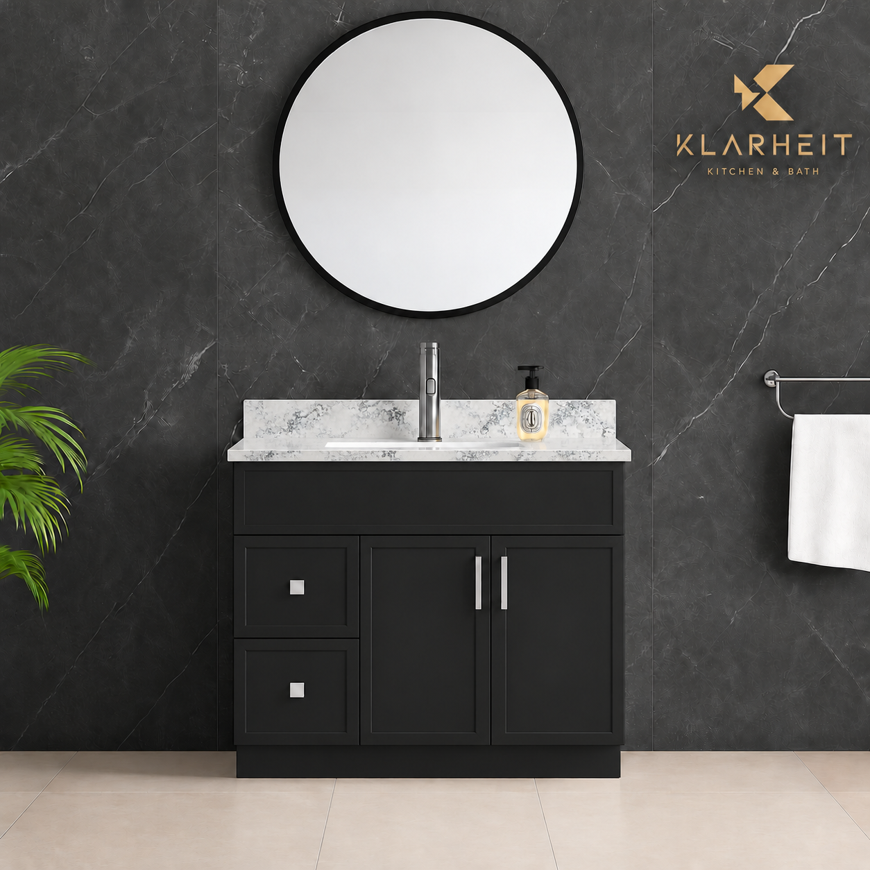 36" / 42" Black Slim Shaker Solid Wood Vanity with Quartz Top & Sink