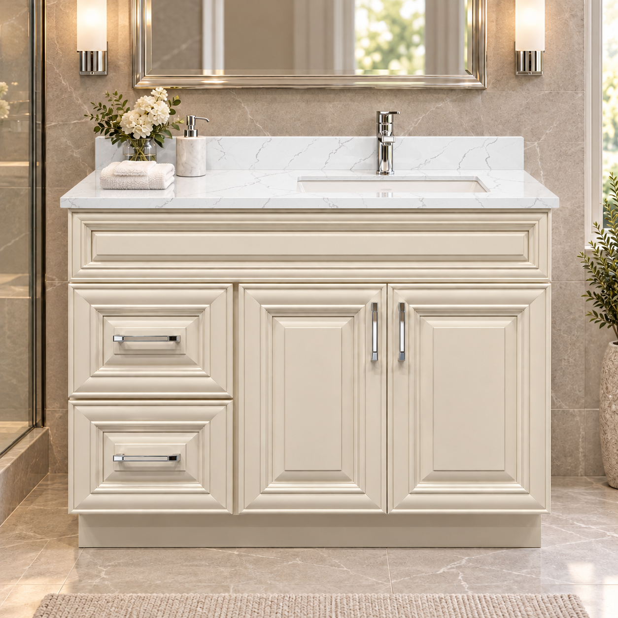 42″ Ivory White Solid Wood Bathroom Vanity with Quartz Top & Sink