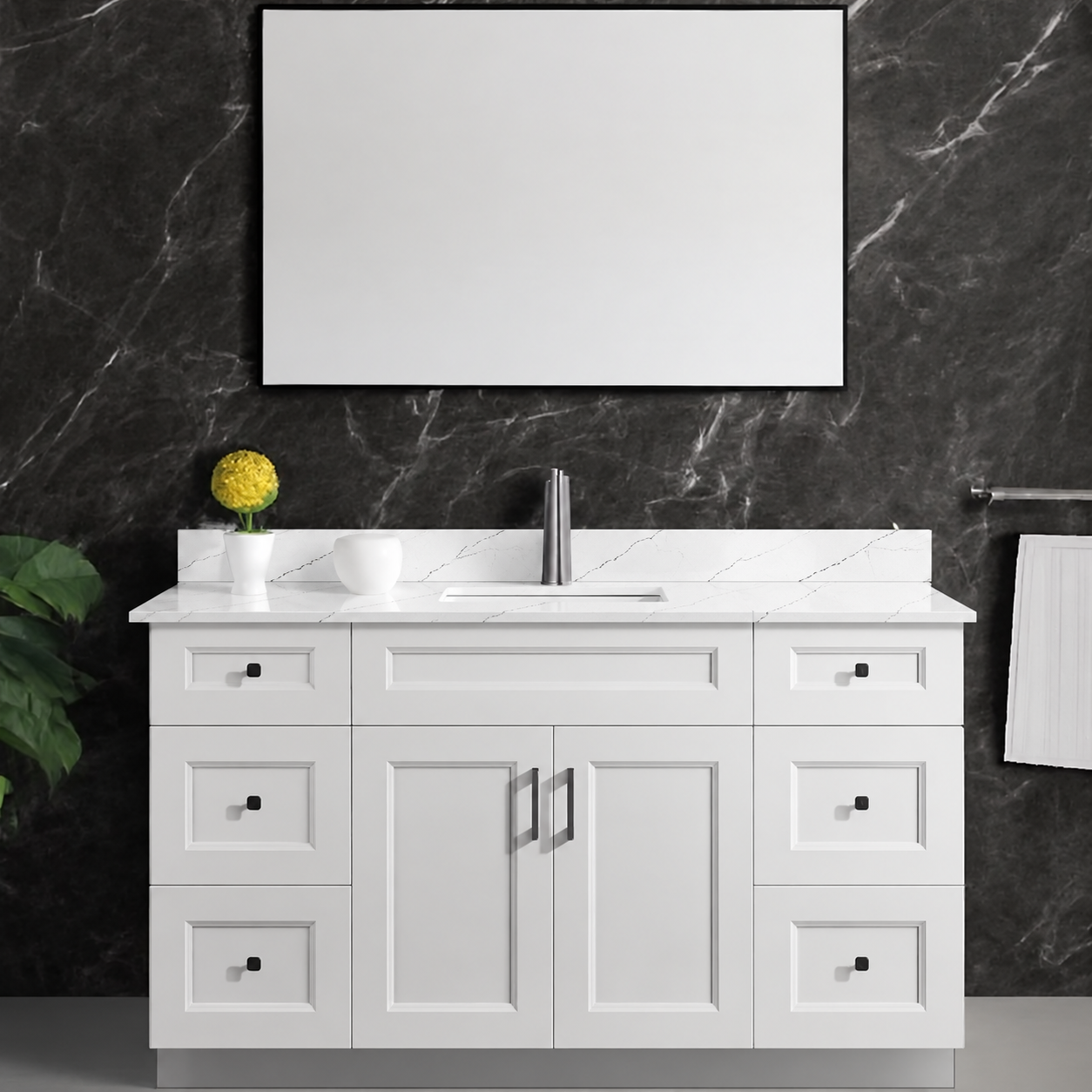 48″ / 54″ White Solid Wood Vanity with Quartz Top & Sink