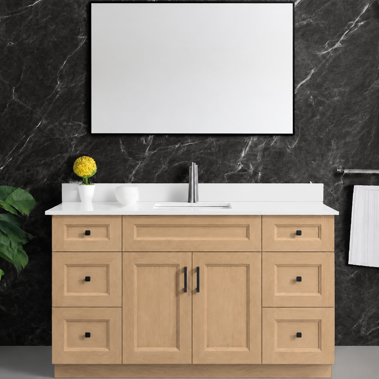 48″ / 54″ Natural Wood Vanity with Quartz Top & Sink