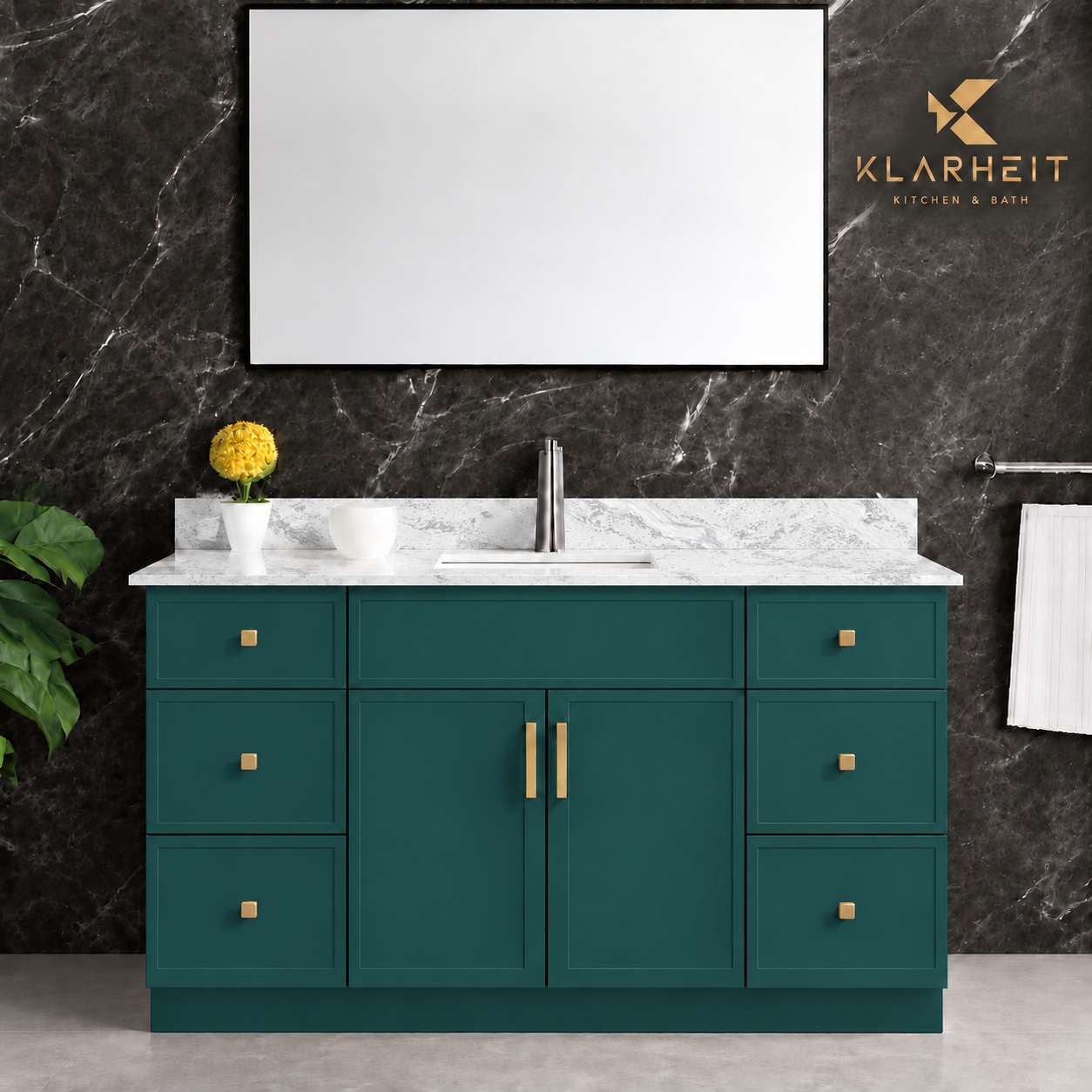 48" / 54" Green Slim Shaker Solid Wood Vanity with Quartz Top & Sink