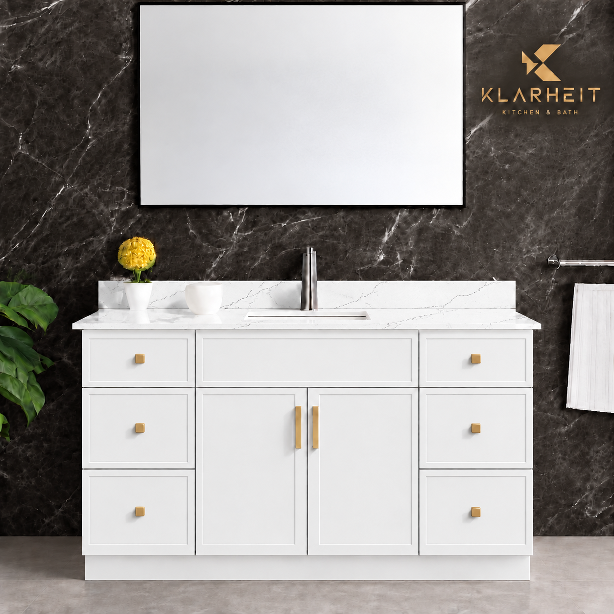 48" / 54" White Slim Shaker Solid Wood Vanity with Quartz Top & Sink