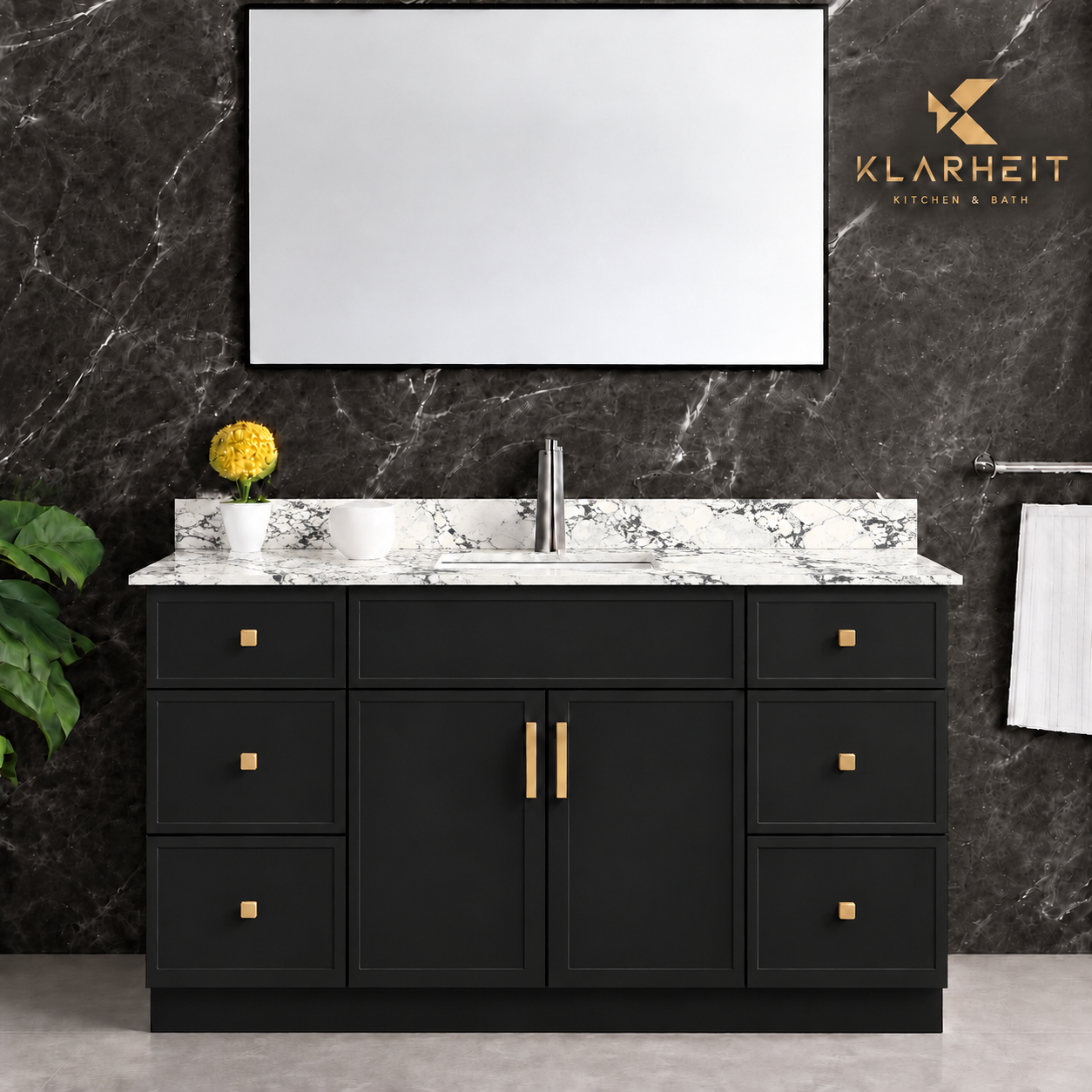 48" / 54" Black Slim Shaker Solid Wood Vanity with Quartz Top & Sink