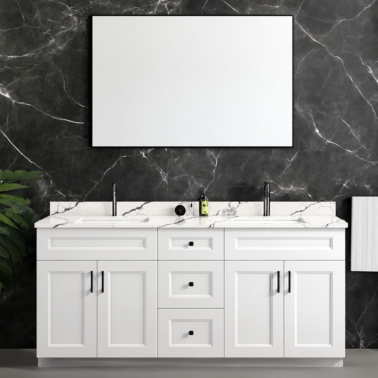 60″ / 72″ White Solid Wood Vanity with Quartz Top & Double Sink