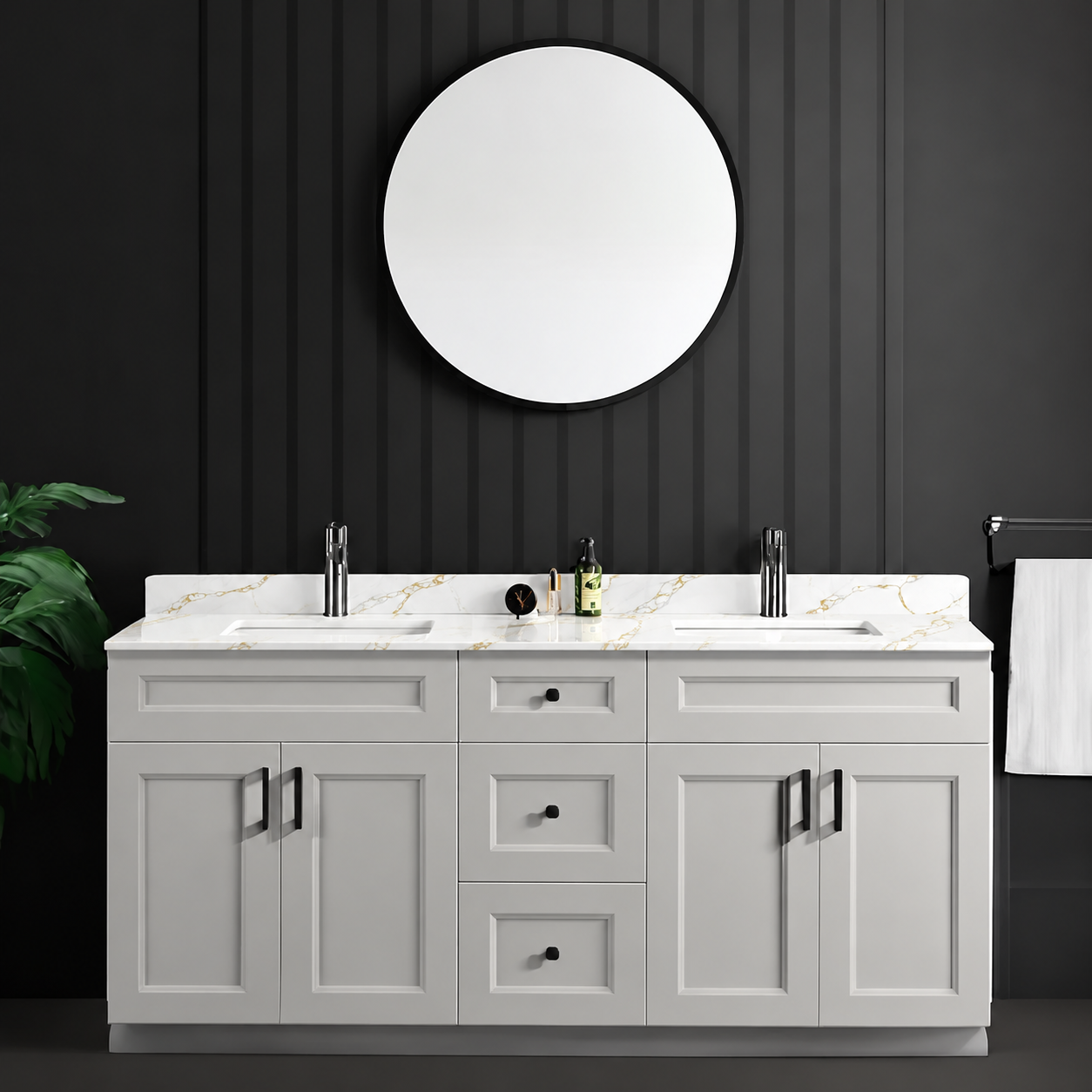 60″ / 72″ Grey Solid Wood Vanity with Quartz Top & Double Sink