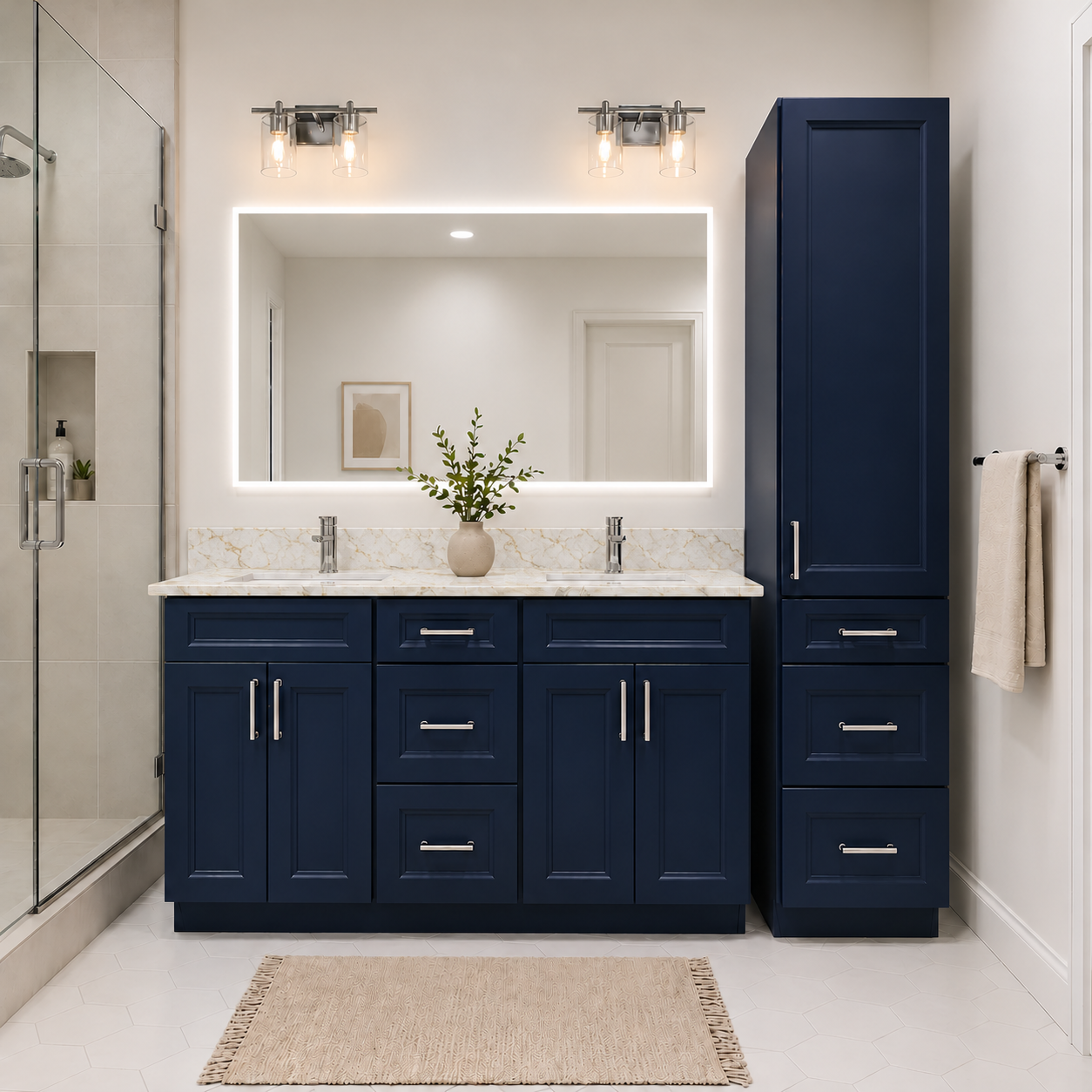 60″ Blue Solid Wood Double Sink Bathroom Vanity with Quartz Top & Sink and 18″ Linen Tower