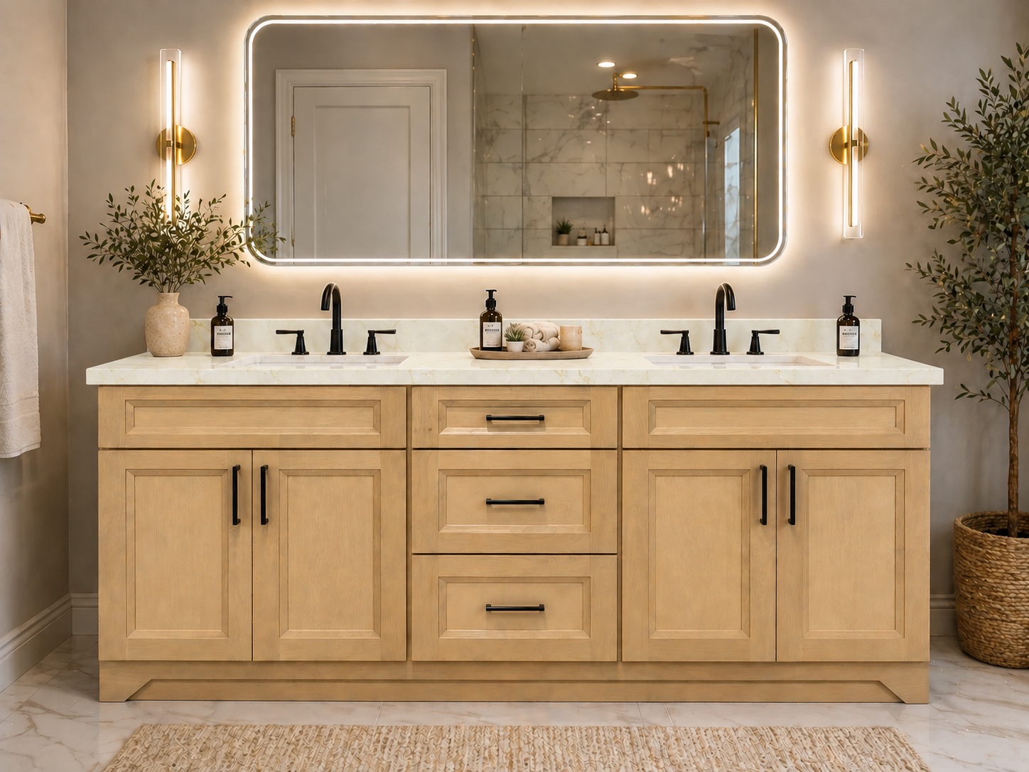 60″ / 72″ Light Oak Solid Wood Vanity with Quartz Top & Double Sink