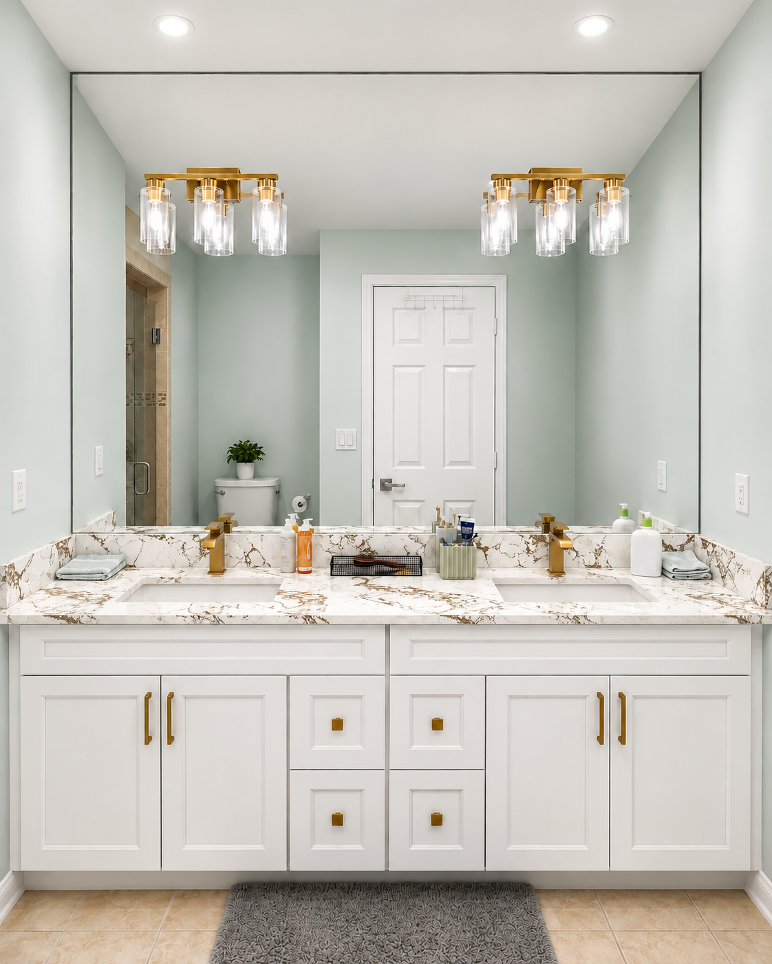 84″ White Solid Wood Bathroom Vanity with Quartz Top & Double Sink