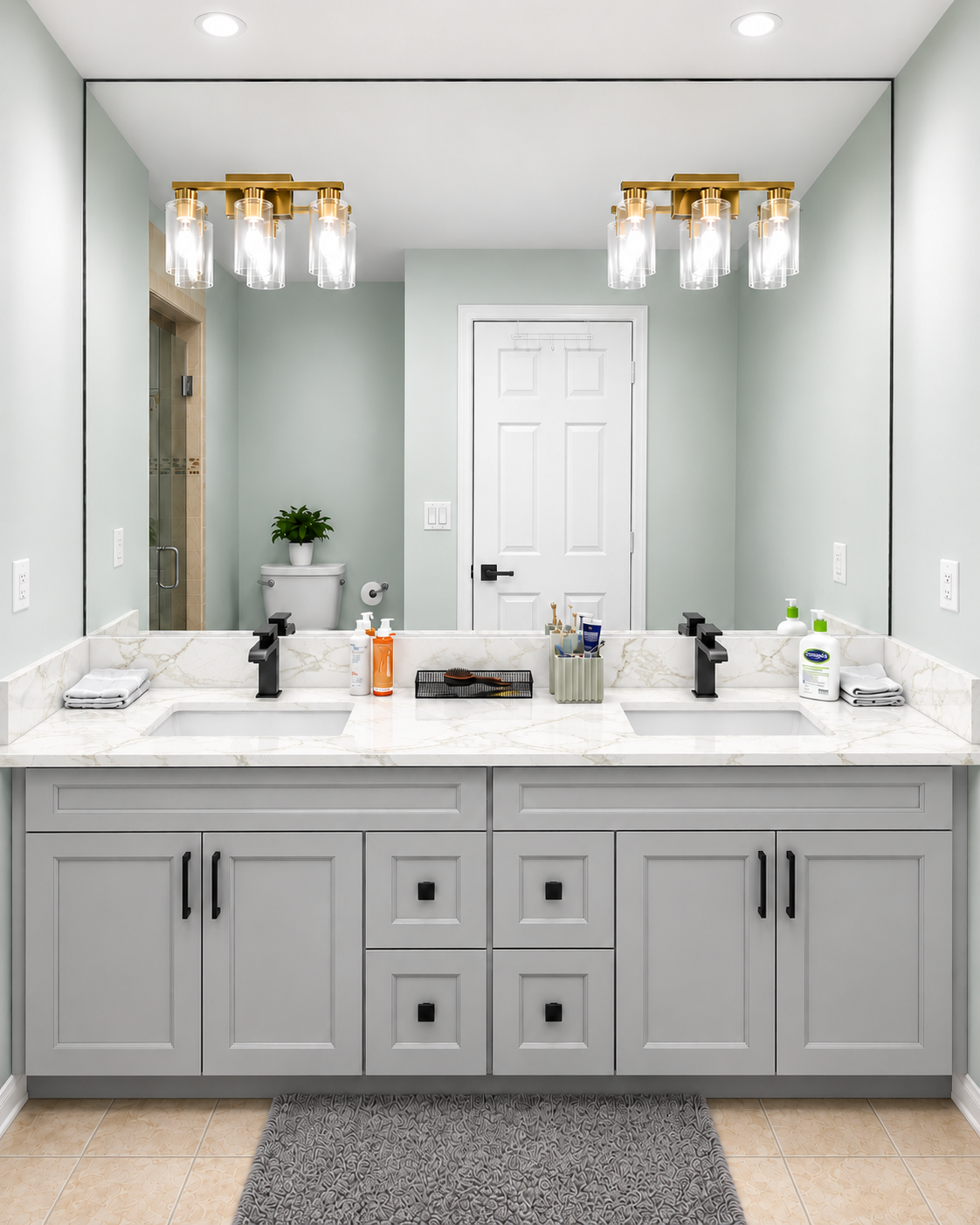 84" Grey Solid Wood Bathroom Vanity with Quartz Top & Double Sink.