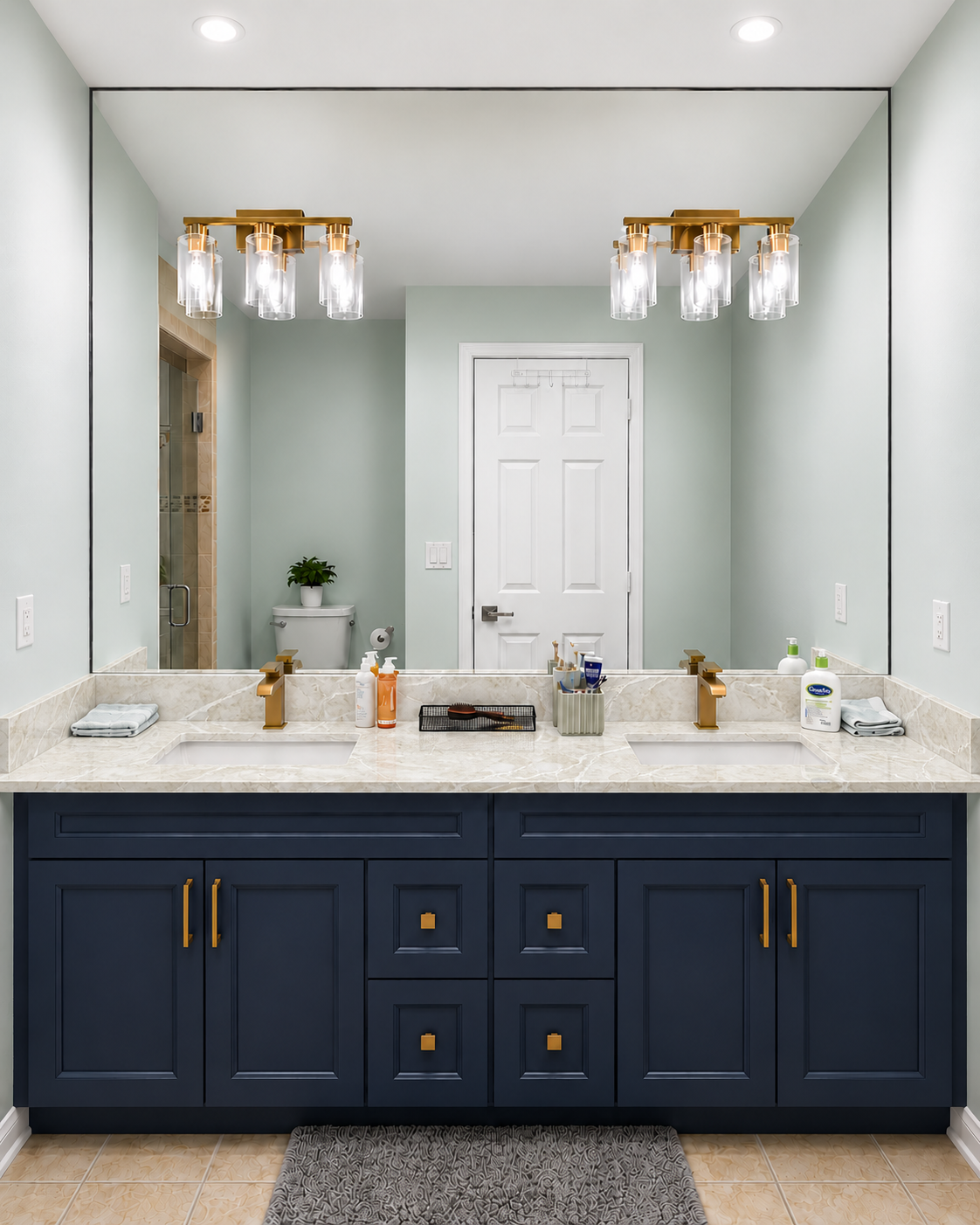 84" Blue Solid Wood Bathroom Vanity with Quartz Top & Double Sink.