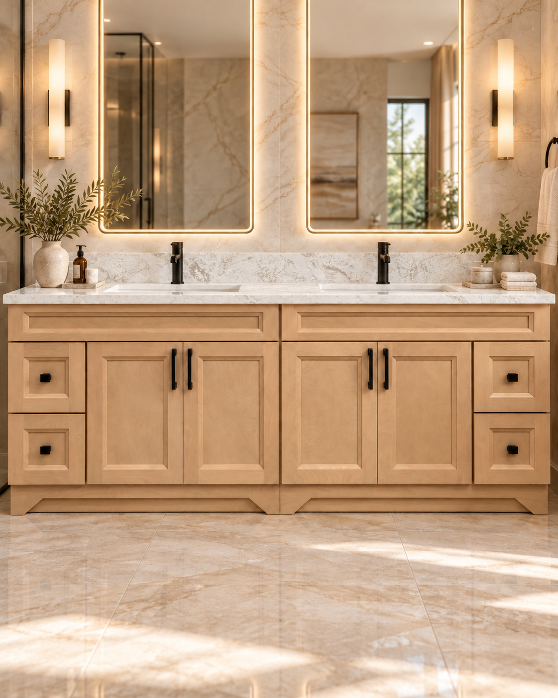 84" Light Oak Solid Wood Bathroom Vanity with Quartz Top & Double Sink.