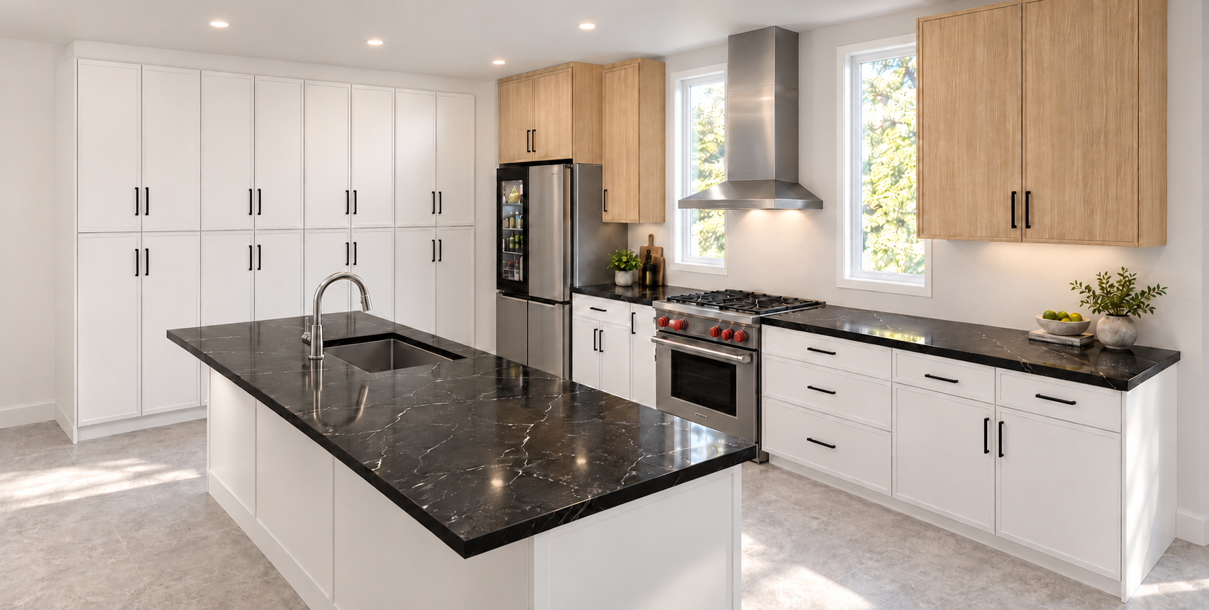 White and Natural Wood Slim Shaker Kitchen